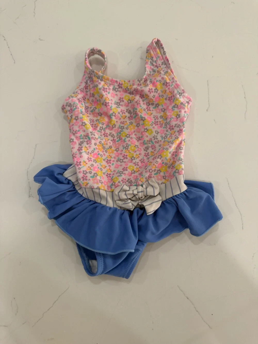 Girls’ Blue & Pink Floral Ruffled Swimsuit | Adorable Summer Swim